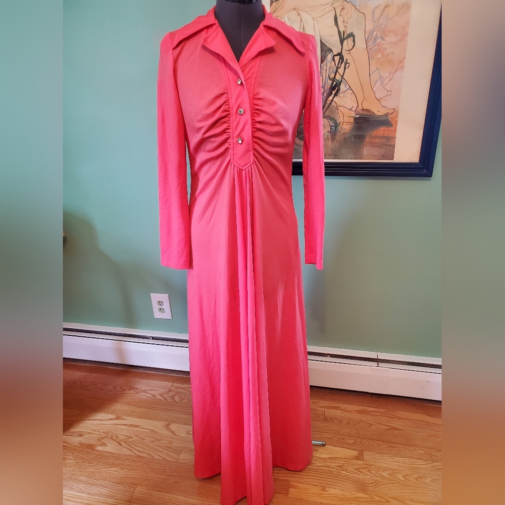 Vintage 70s Elegant Coral Long Sleeve Dress Maxi By Julie Miller